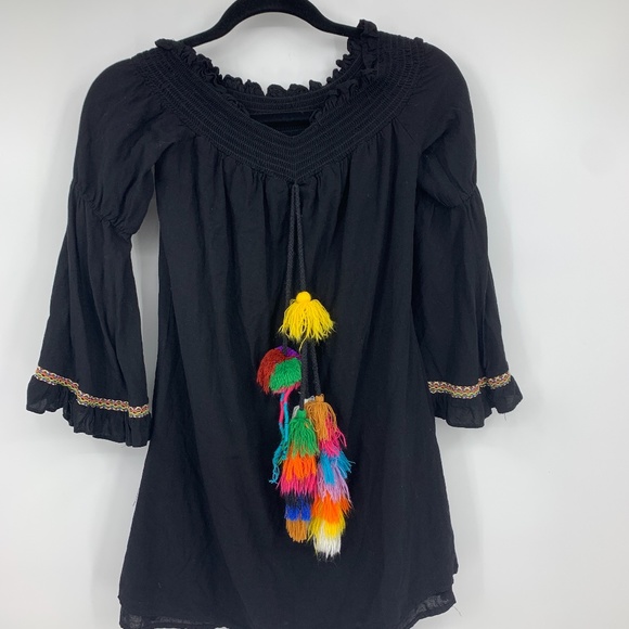 Tea & Cup top small tunic blouse boho pom poms - Picture 1 of 6